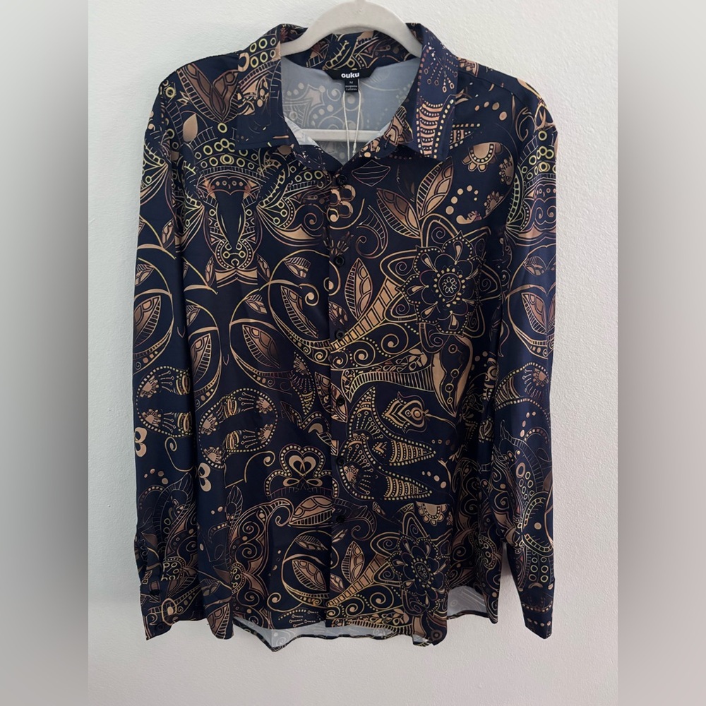 Ouku Men's Navy Blue Paisley Dress Shirt